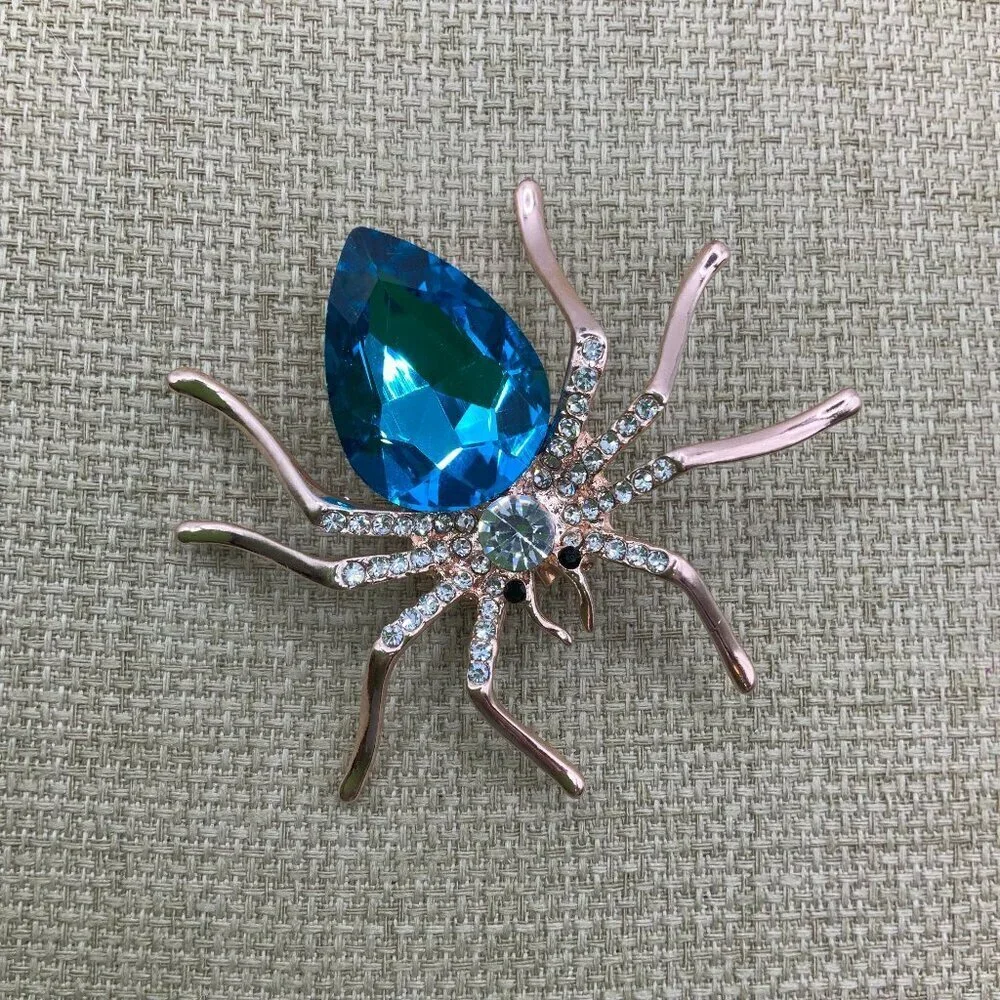 Spider Blue Gold Tone Rhinestone Brooch Pin